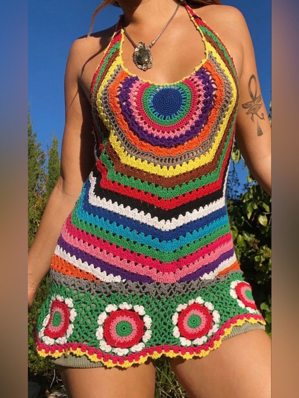 Colorful Handmade Crochet Halter Dress Top